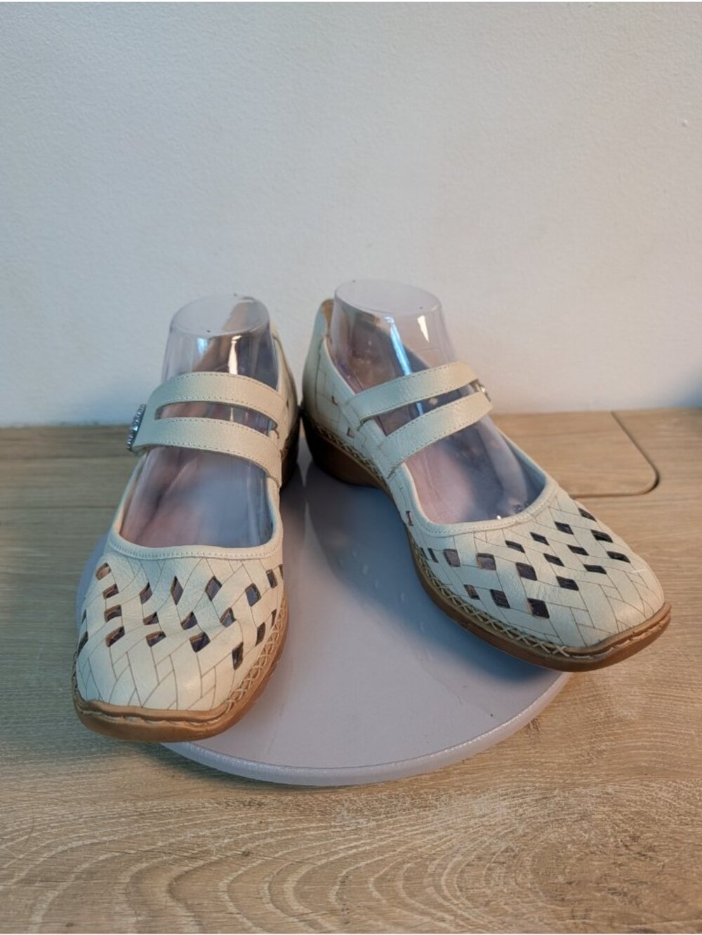 Rieker Antistress 41 Laser Cut Mary Jane Sandal Cross Strap Leather Cream